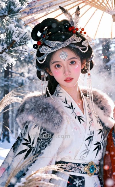 水彩水粉画风，古典美人淡彩基调，松林与雾凇奇妙融合意境 - 图画吧TUHUABA