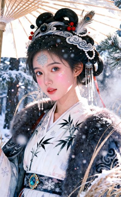 水彩水粉画风，古典美人淡彩基调，松林与雾凇奇妙融合意境 - 图画吧TUHUABA