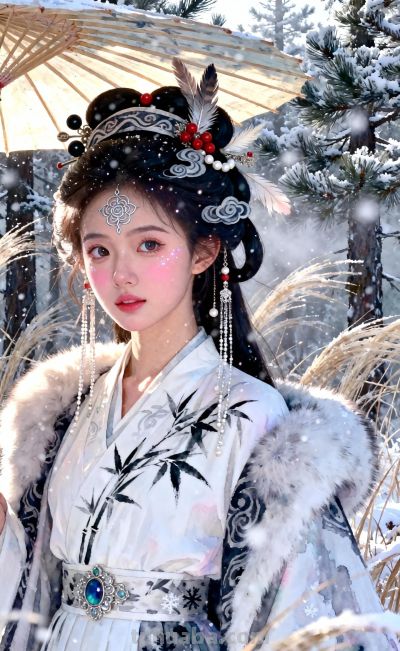 水彩水粉画风，古典美人淡彩基调，松林与雾凇奇妙融合意境 - 图画吧TUHUABA