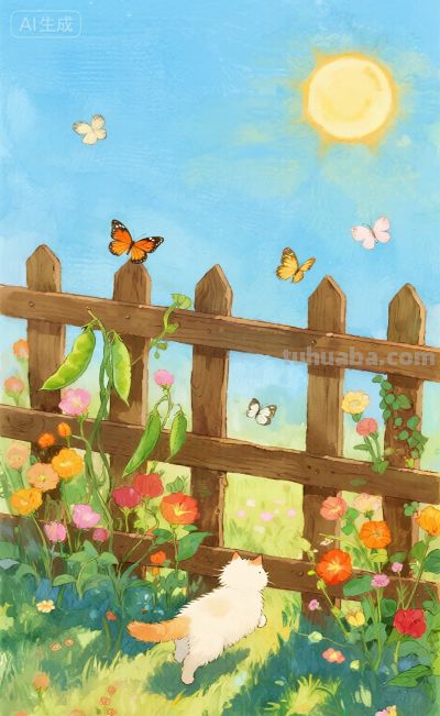 水彩插画：乡村田园风格，猫咪与蝴蝶嬉闹治愈感！ - 图画吧TUHUABA