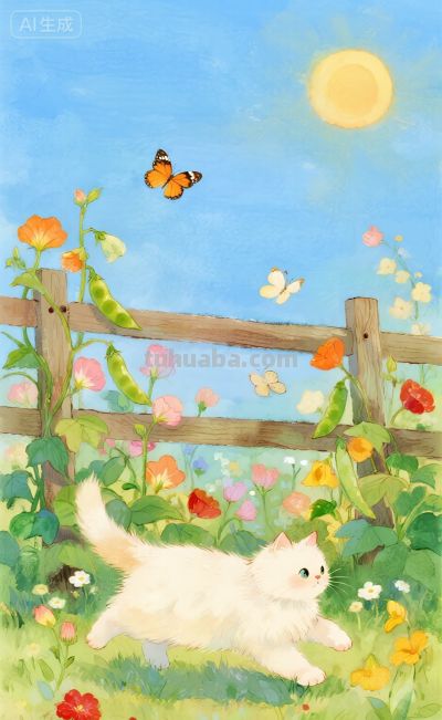 水彩插画：乡村田园风格，猫咪与蝴蝶嬉闹治愈感！ - 图画吧TUHUABA