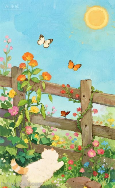 水彩插画：乡村田园风格，猫咪与蝴蝶嬉闹治愈感！ - 图画吧TUHUABA