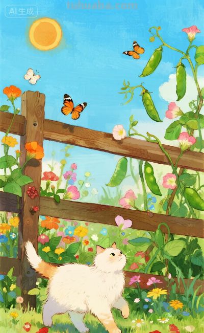 水彩插画：乡村田园风格，猫咪与蝴蝶嬉闹治愈感！ - 图画吧TUHUABA