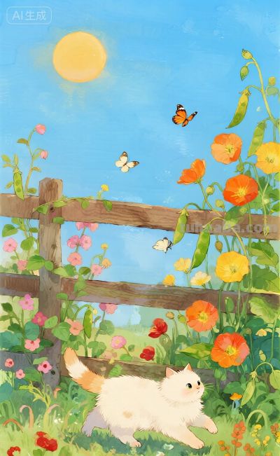 水彩插画：乡村田园风格，猫咪与蝴蝶嬉闹治愈感！ - 图画吧TUHUABA