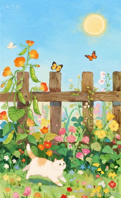 水彩插画：乡村田园风格，猫咪与蝴蝶嬉闹治愈感！ - 图画吧TUHUABA