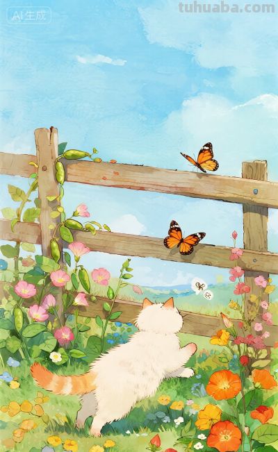 水彩插画：乡村田园风格，猫咪与蝴蝶嬉闹治愈感！ - 图画吧TUHUABA
