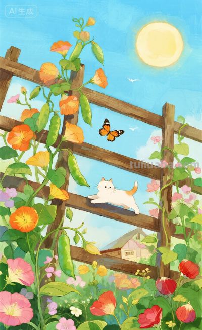 水彩插画：乡村田园风格，猫咪与蝴蝶嬉闹治愈感！ - 图画吧TUHUABA