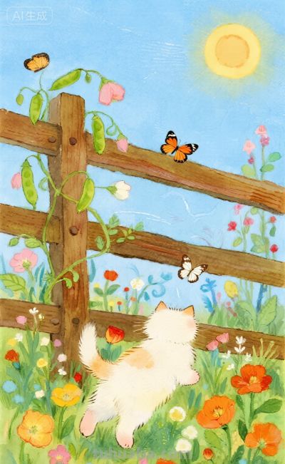 水彩插画：乡村田园风格，猫咪与蝴蝶嬉闹治愈感！ - 图画吧TUHUABA