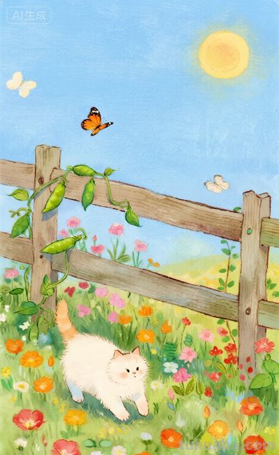 水彩插画：乡村田园风格，猫咪与蝴蝶嬉闹治愈感！ - 图画吧TUHUABA