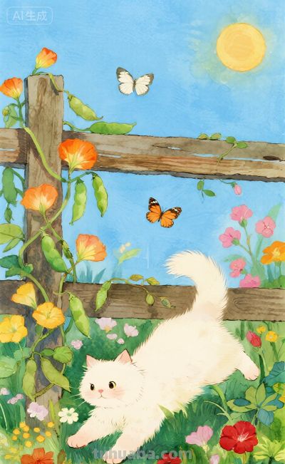水彩插画：乡村田园风格，猫咪与蝴蝶嬉闹治愈感！ - 图画吧TUHUABA