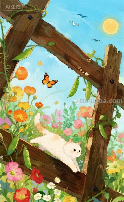水彩插画：乡村田园风格，猫咪与蝴蝶嬉闹治愈感！ - 图画吧TUHUABA
