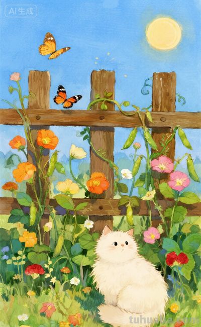 水彩插画：乡村田园风格，猫咪与蝴蝶嬉闹治愈感！ - 图画吧TUHUABA