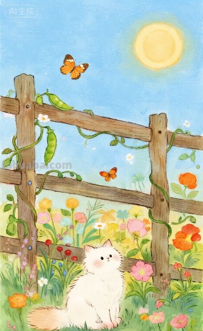 水彩插画：乡村田园风格，猫咪与蝴蝶嬉闹治愈感！ - 图画吧TUHUABA