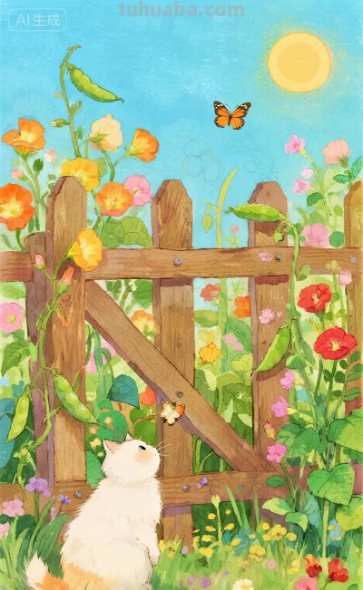 水彩插画：乡村田园风格，猫咪与蝴蝶嬉闹治愈感！ - 图画吧TUHUABA