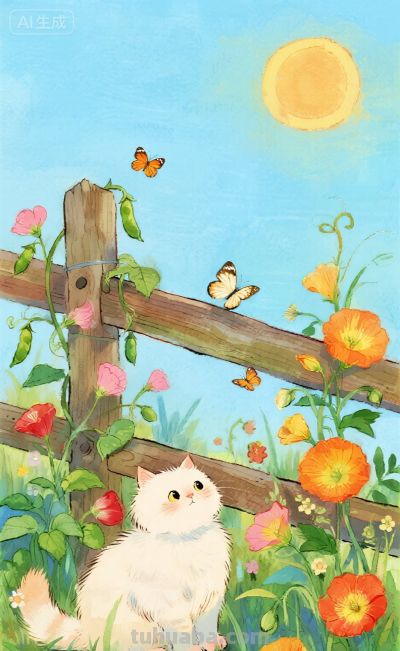 水彩插画：乡村田园风格，猫咪与蝴蝶嬉闹治愈感！ - 图画吧TUHUABA