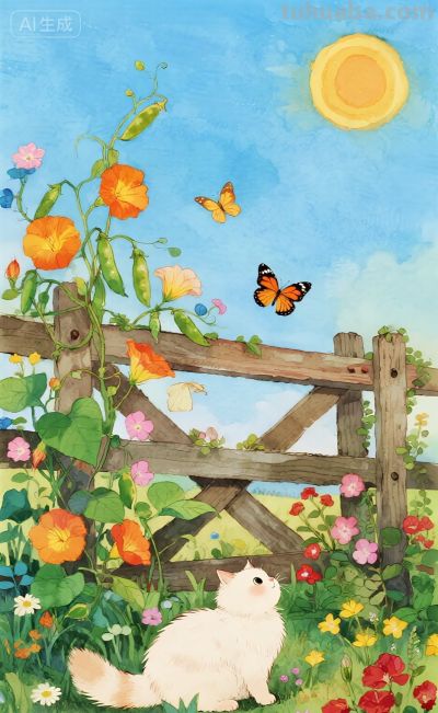 水彩插画：乡村田园风格，猫咪与蝴蝶嬉闹治愈感！ - 图画吧TUHUABA