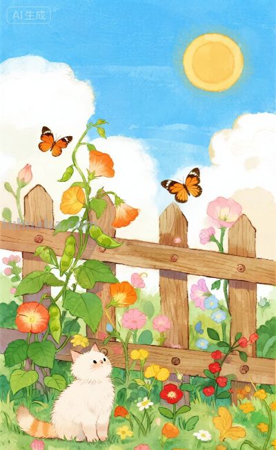 水彩插画：乡村田园风格，猫咪与蝴蝶嬉闹治愈感！ - 图画吧TUHUABA