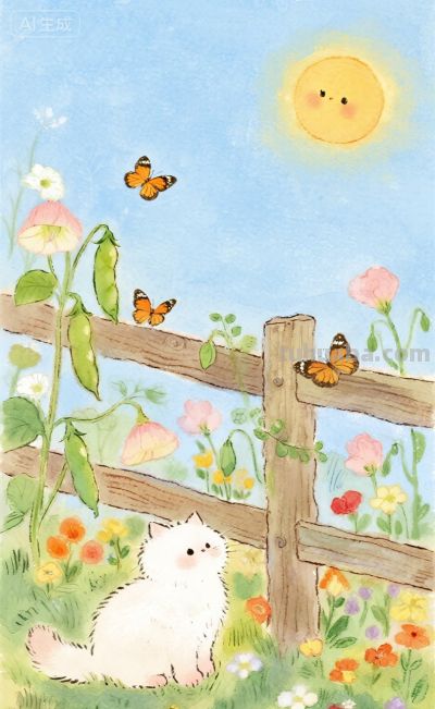 水彩插画：乡村田园风格，猫咪与蝴蝶嬉闹治愈感！ - 图画吧TUHUABA