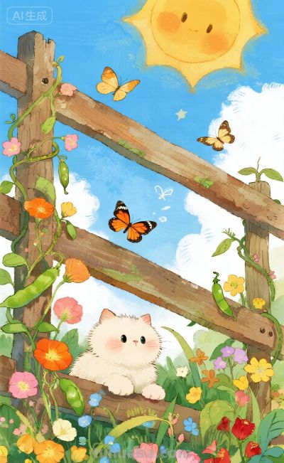 水彩插画：乡村田园风格，猫咪与蝴蝶嬉闹治愈感！ - 图画吧TUHUABA