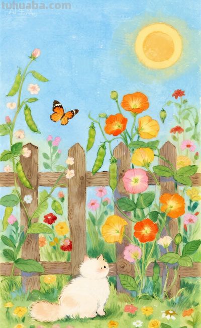 水彩插画：乡村田园风格，猫咪与蝴蝶嬉闹治愈感！ - 图画吧TUHUABA