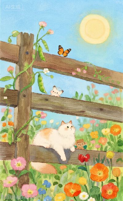 水彩插画：乡村田园风格，猫咪与蝴蝶嬉闹治愈感！ - 图画吧TUHUABA