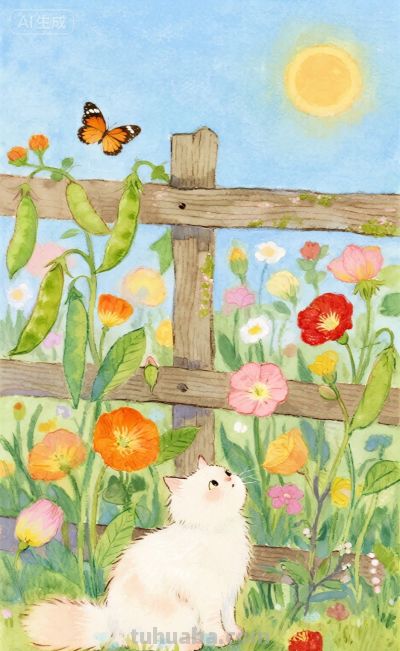 水彩插画：乡村田园风格，猫咪与蝴蝶嬉闹治愈感！ - 图画吧TUHUABA