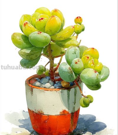 水彩画，生机勃勃的多肉植物 - 图画吧TUHUABA