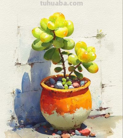 水彩画，生机勃勃的多肉植物 - 图画吧TUHUABA