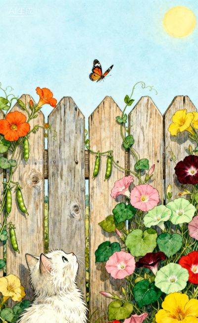 水彩插画风格：猫咪与蝴蝶的高级治愈感，太美太治愈了！ - 图画吧TUHUABA