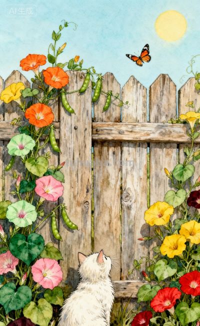 水彩插画风格：猫咪与蝴蝶的高级治愈感，太美太治愈了！ - 图画吧TUHUABA