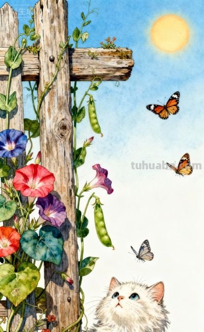 水彩插画风格：猫咪与蝴蝶的高级治愈感，太美太治愈了！ - 图画吧TUHUABA