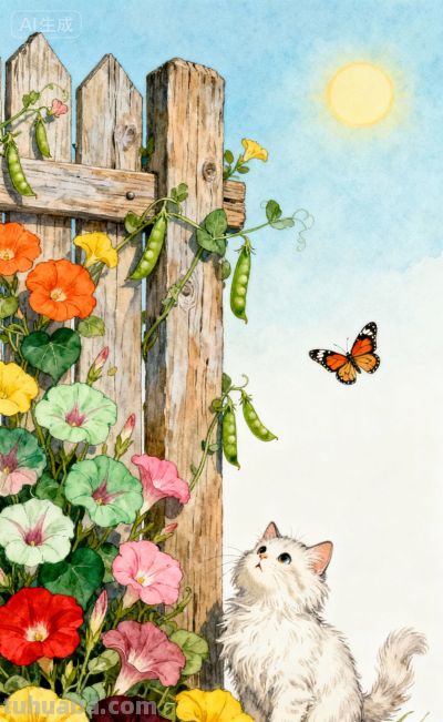 水彩插画风格：猫咪与蝴蝶的高级治愈感，太美太治愈了！ - 图画吧TUHUABA