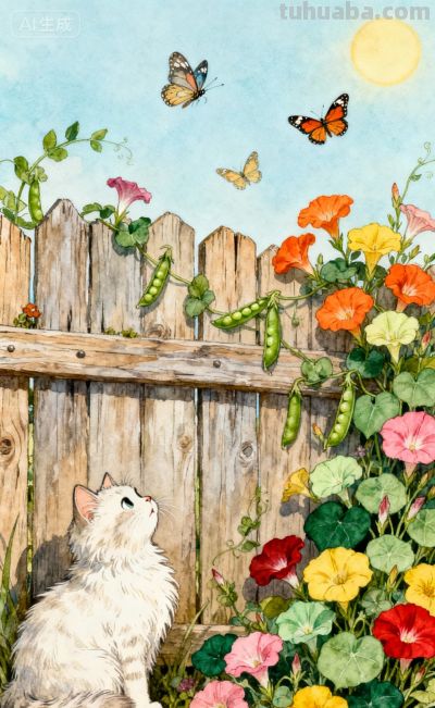 水彩插画风格：猫咪与蝴蝶的高级治愈感，太美太治愈了！ - 图画吧TUHUABA