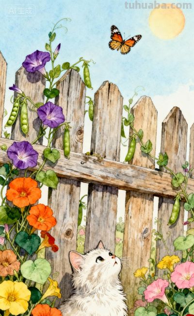 水彩插画风格：猫咪与蝴蝶的高级治愈感，太美太治愈了！ - 图画吧TUHUABA