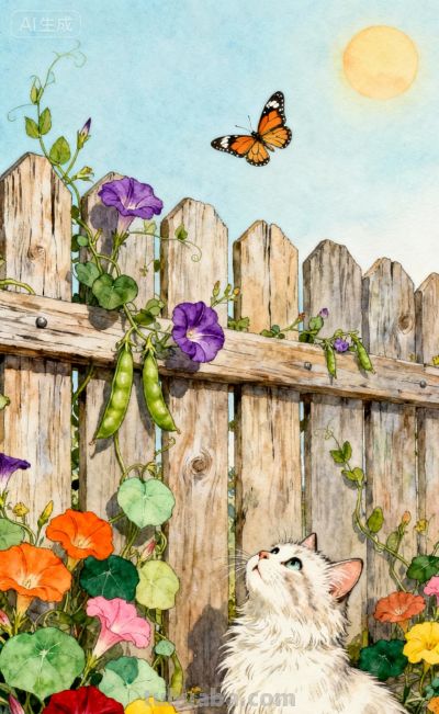 水彩插画风格：猫咪与蝴蝶的高级治愈感，太美太治愈了！ - 图画吧TUHUABA