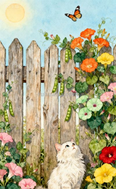 水彩插画风格：猫咪与蝴蝶的高级治愈感，太美太治愈了！ - 图画吧TUHUABA