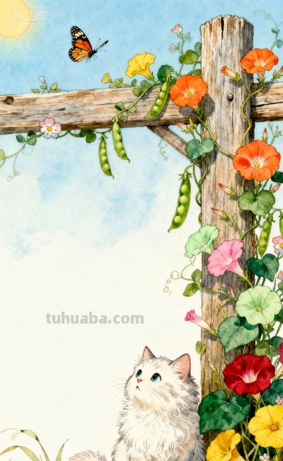 水彩插画风格：猫咪与蝴蝶的高级治愈感，太美太治愈了！ - 图画吧TUHUABA