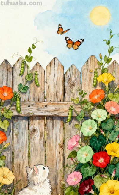 水彩插画风格：猫咪与蝴蝶的高级治愈感，太美太治愈了！ - 图画吧TUHUABA