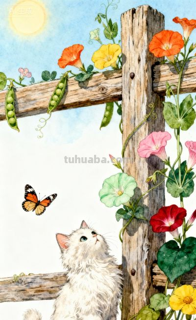 水彩插画风格：猫咪与蝴蝶的高级治愈感，太美太治愈了！ - 图画吧TUHUABA