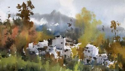 每日一画 | 塔川秋色：水彩对徽州秋韵虚实相生的诗性解构 - 图画吧TUHUABA