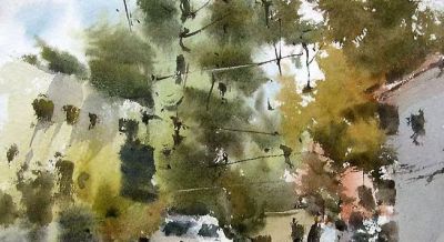 每日一画 | 树阴照水爱晴柔，水彩捕来街隅闲情 - 图画吧TUHUABA