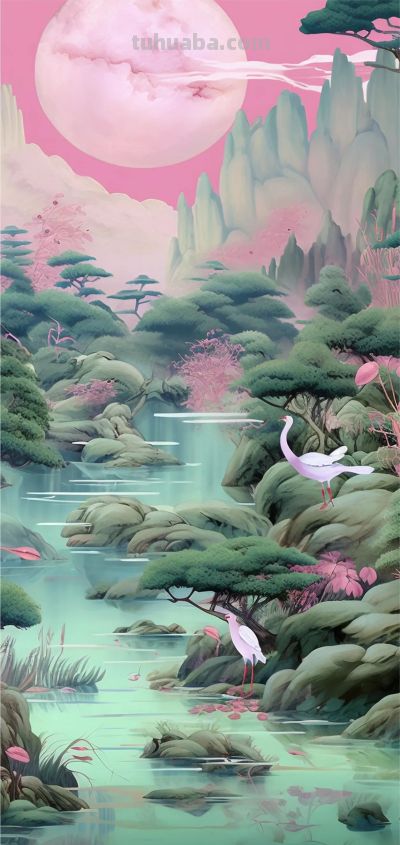 水彩国风山水风景｜壁纸 - 图画吧TUHUABA