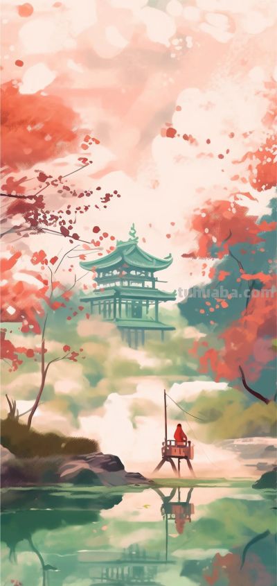 水彩国风山水风景｜壁纸 - 图画吧TUHUABA