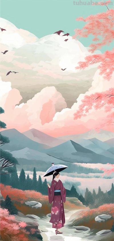水彩国风山水风景｜壁纸 - 图画吧TUHUABA