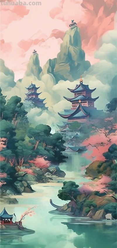 水彩国风山水风景｜壁纸 - 图画吧TUHUABA