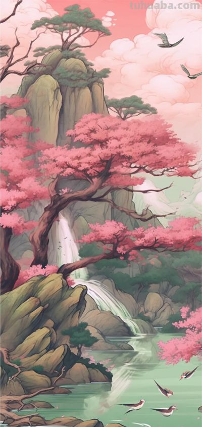 水彩国风山水风景｜壁纸 - 图画吧TUHUABA