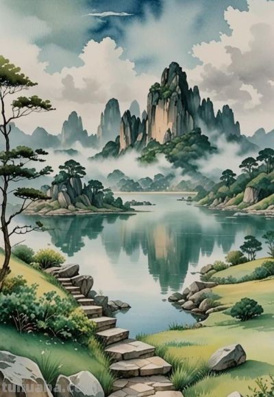 水彩晕染的山水长卷：奇峰映碧湖，云影伴石阶，晕开一派清新生机 - 图画吧TUHUABA