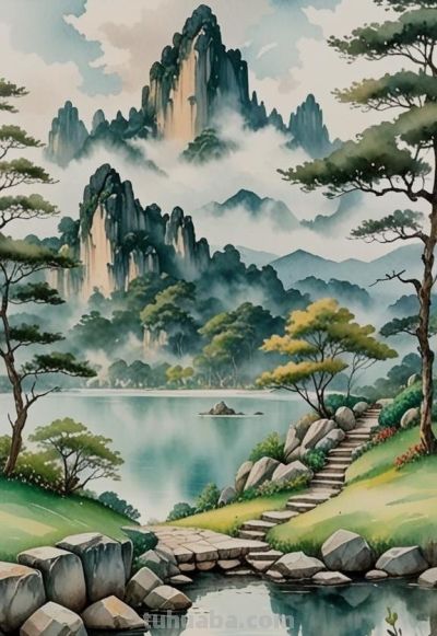 水彩晕染的山水长卷：奇峰映碧湖，云影伴石阶，晕开一派清新生机 - 图画吧TUHUABA