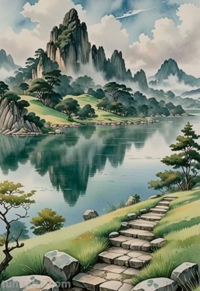 水彩晕染的山水长卷：奇峰映碧湖，云影伴石阶，晕开一派清新生机 - 图画吧TUHUABA