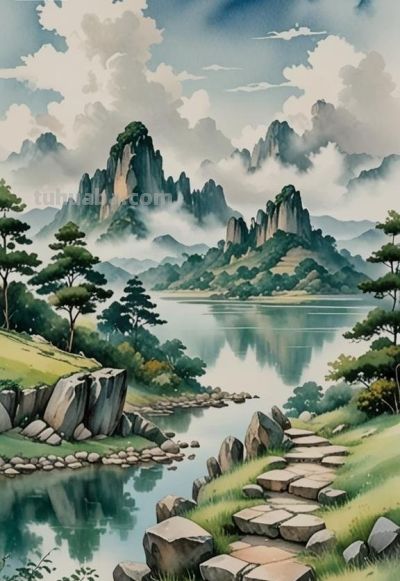 水彩晕染的山水长卷：奇峰映碧湖，云影伴石阶，晕开一派清新生机 - 图画吧TUHUABA